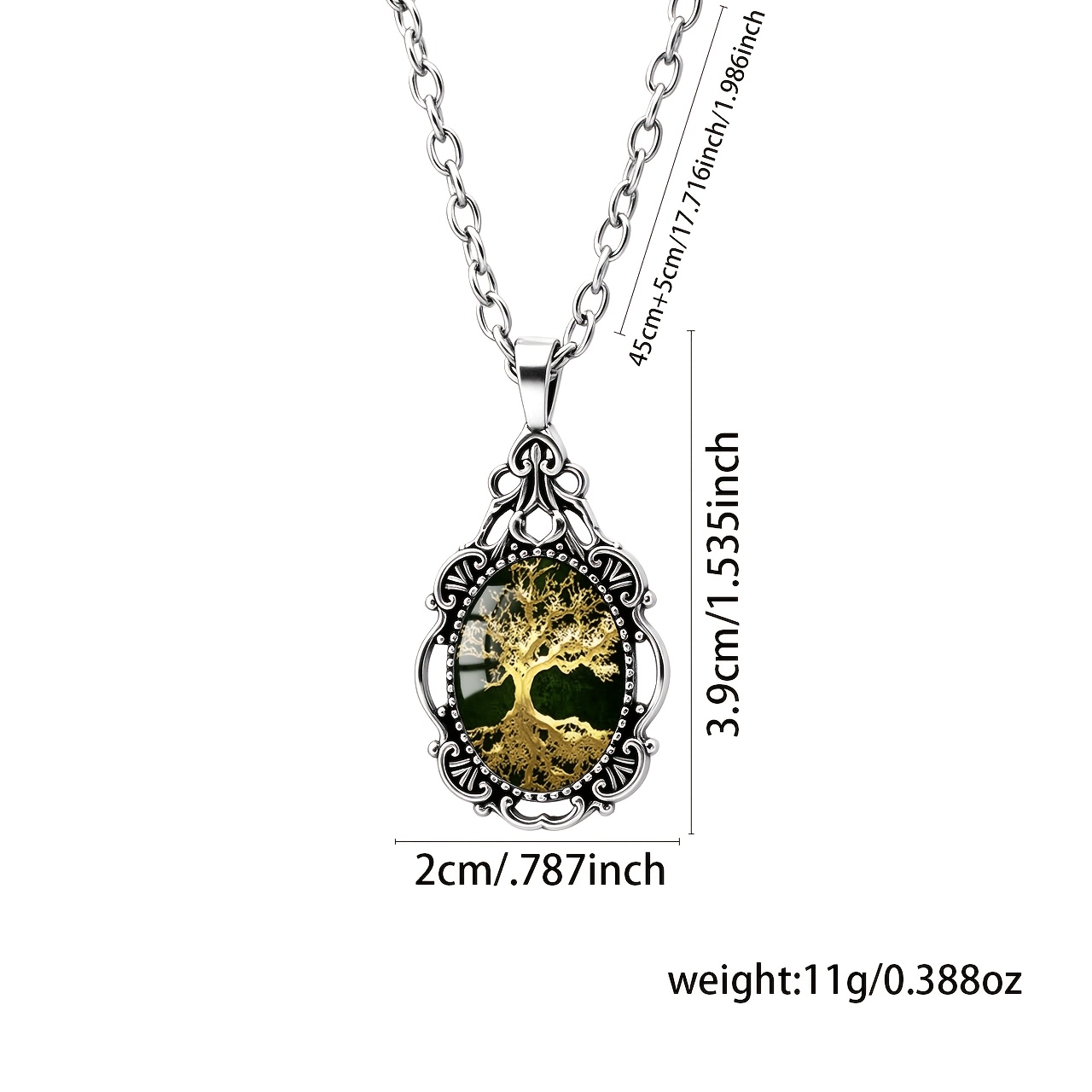 Men's Deep Green Life Tree Pattern Oval Glass Pendant Necklace